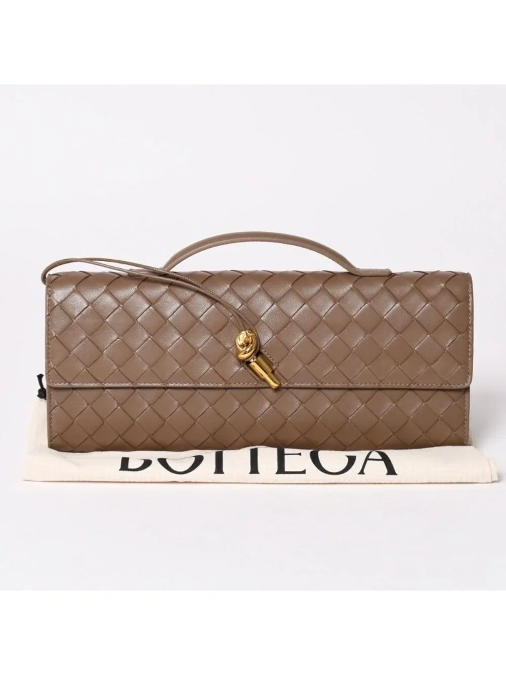 Bottega Veneta Andiamo Clutch Metal Knot Closure Brown Bifold Intrecciato Gold